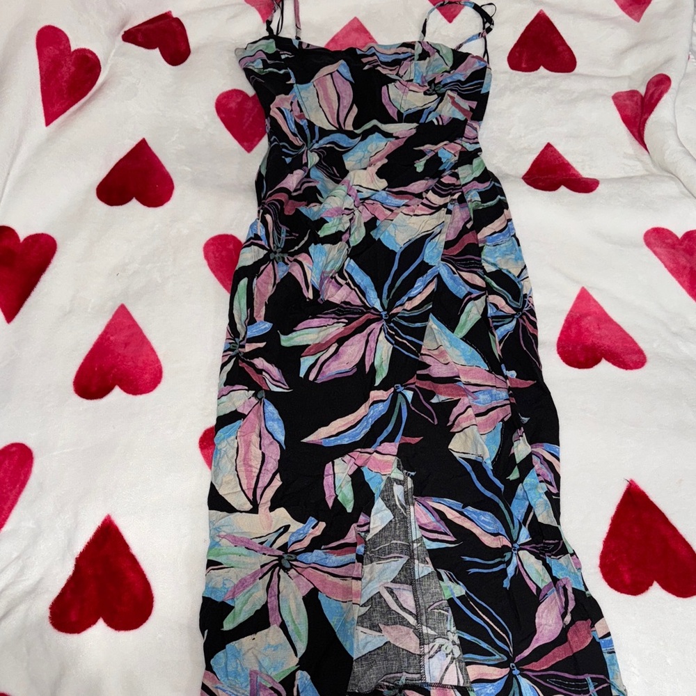 Zara Black Multicolor Leaf Print Midi Dress